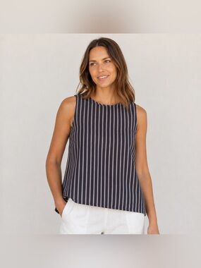 Ellen Tracy Navy White Striped Linen Sleeveless Tank Top Blouse Size Large